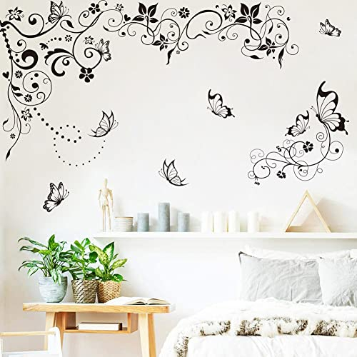 Runtoo Adesivi Murali Fiori Bianco e Nero Adesivi da Parete Foglie di Vite Farfalla Floreale Decorazioni Muro Soggiorno Cameretta Bimba Bambini Camera da Letto
