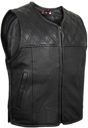 MDM herr läderväst, biker Clubstyle, svart äkta nötskinn med diamantquiltning och perforerat läder, justerbara sidor, ärmlös (DE/NL/SE/PL, Alfa, XL, Regelbunden, Regelbunden)