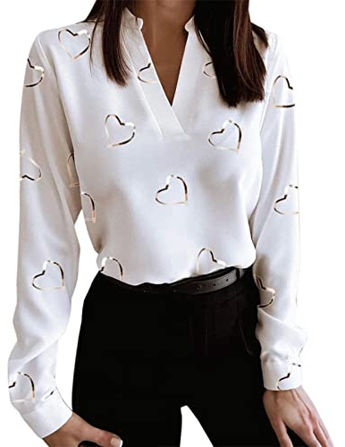 Donna Manica Lunga Bluse Collo a v Elegante Camicie Estate Basic Camicetta Aderente Stampa Top Curvy Long Sleeve Shirt Tunica Taglie Forti Maglietta Camicie Donna Particolari Eleganti