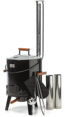 Skandika Cannone per gulasch | 14 litri caldaia per gulash, termometro nel coperchio, accessori pinza per barbecue, mestolo da zuppa, guanto da forno, con griglia, manici in legno, tubo variabile