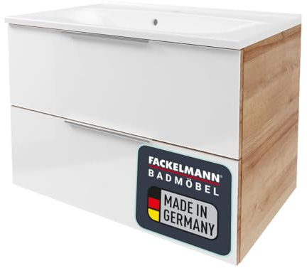 FACKELMANN B.Brillant Waschbeckenunterschrank – inklusive weißem Waschbecken aus Gussmarmor – Hängend und Front aus lackiertem Glas – Badschrank in Weiß & Eiche (80 x 56 x 50 cm)