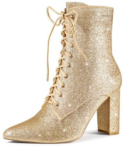 Perphy Botines de tacón de bloque con cordones y purpurina para mujer, Gold, 39 EU