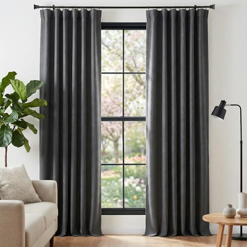 NICETOWN Faux Linen 100% Blackout Curtains 96 inches Long, Pinch Pleated Thermal Curtains Sound Proof Thick Window Treatments for Bedroom/Home Office, Charcoal Gray, W50 x L96, 2 Panels