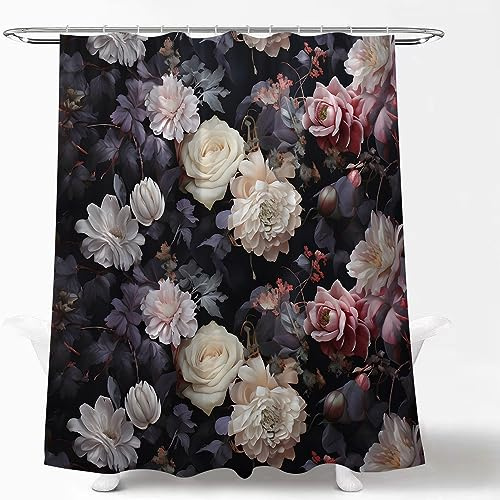 LAEDCIITI Schwarzer Boho-Duschvorhang mit Blumenmuster, bunt, Aquarell-Blume, rustikale Pfingstrose, Retro, Vintage, Blätter, Blüte, ästhetische Pflanze, botanischer Stoff, Badvorhang mit Haken