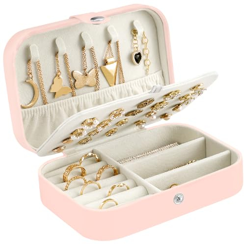 CNMTCCO Jewellery Box Small Travel Jewelry Organiser Storage Case for Necklace Rings Bracelets Earrings Premium Faux PU Leather Jewellery Gift Box Girls Women (Pink)