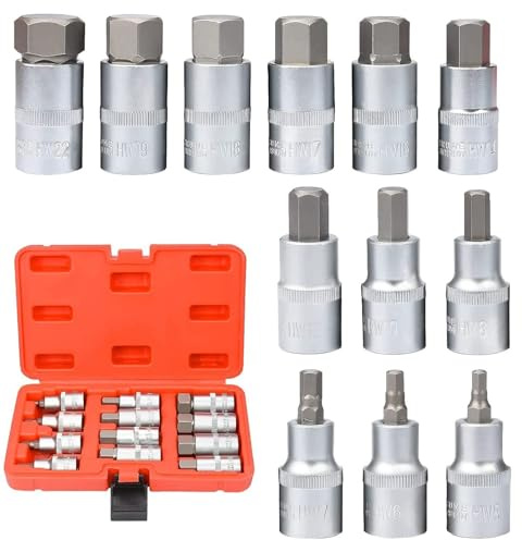 Adamyee 12 Piezas Juego Llaves Allen -Puntas S2 Aleación de Juego Llaves Torx 5-22 Mm Profesionales, 1/2 - Adaptador de Enchufe Para Puntas de Destornillador