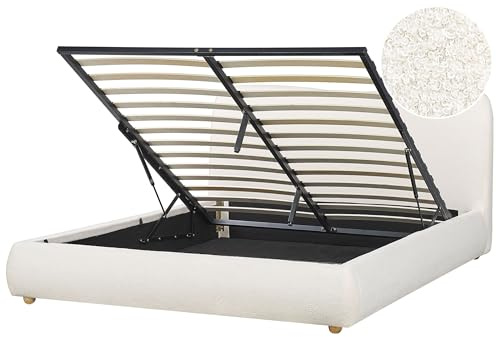 Beliani Bett Bouclé cremeweiß mit Kopfteil Bettkasten Lattenrost 160 x 200 cm Blagnac