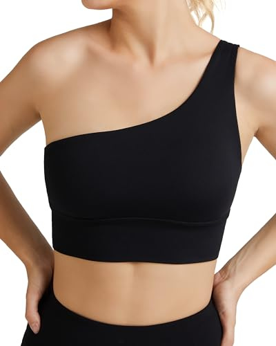 colorskin Sport-BH für Damen, einschultrig, mit herausnehmbaren Pads, mittlere Unterstützung, Workout, asymmetrischer linker Schulter-BH, Schwarz, Medium