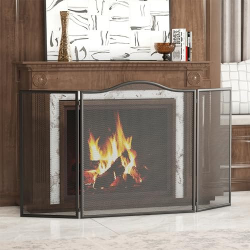 JUNTITE Schermo per camino, a 3 pannelli, semplice rete in acciaio, griglia parascintille per soggiorno, decorazione per la casa con finitura rustica, 102,4 cm di lunghezza x 54,1 cm di altezza, nero