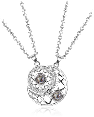 PiercingJak Personalisierte Halskette mit Bild Projektion Partner Kette mit Foto Sonne Mond Paare Anhänger Freundschaft Geschenk für Freundin Pärchen, Herz 100 Sprachen Ich Liebe Dich
