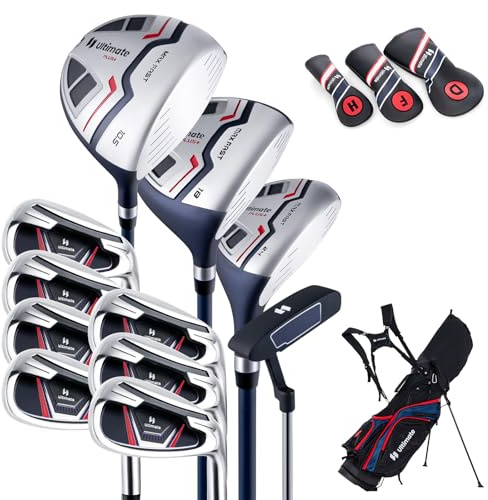 COSTWAY komplett golfklubbset för män, 11 delar golfklubbset med högerhänta med bärväska och regnhuva, golfset med 1 driver och 3 Fairway & 5 hybrid och 5/6/7/8/9/P/S järn och putter (blå)