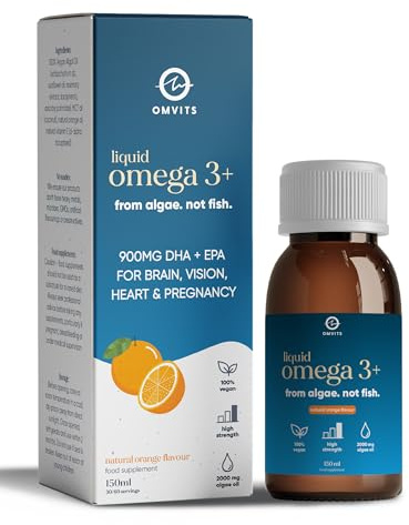 Vegan Omega-3 Liquid (DHA+EPA from Algae Oil) - Orange Flavour, 150ml – Carrageenan Free – for Adults and Children 6+ - Sustainable Fish Oil Alternative