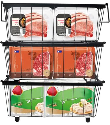 Dechoga Lot de 3 Paniers de Rangement en Fil Métallique, Paniers de Congélateur Coffre, Paniers de Rangement en Métal Poignée Pliable, Panier Congelateur de Patin Antidérapant (37.2 X 18.8 X 14 cm)