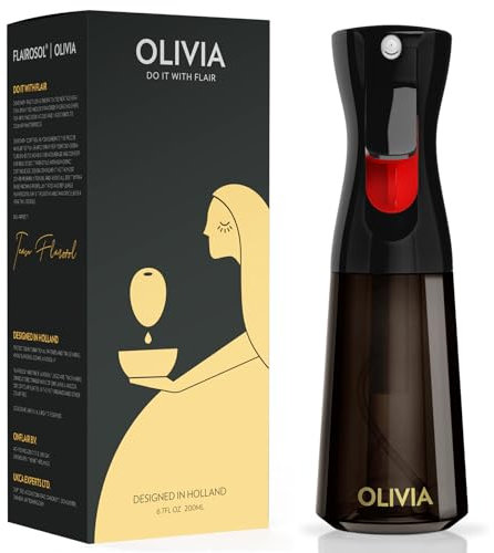FLAIROSOL Olivia Oil Sprayer for Cooking, 200ml Glass Olive Oil Sprayer, Continuous Cooking Spray Dispenser with Portion Control for Kitchen, Air Fryer, Salad(Black Bottle, Gold Print)
