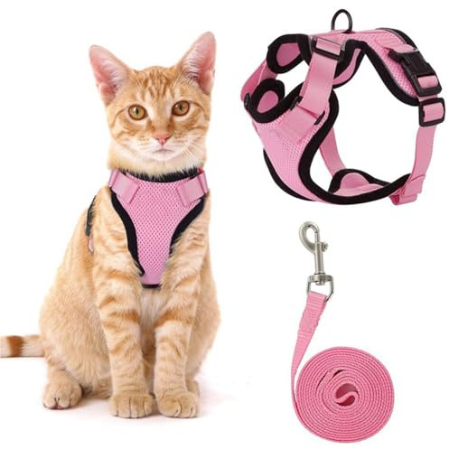 MPQDFG Katzengeschirr Ausbruchsicher,Katzen Geschirr Set mit Leine, Katzengeschirr zum Spazierengehen, Welpengeschirrmit Reflektierend und Atmungsaktiv für Kleine und Mittelgroße Katzen (Pink, S)
