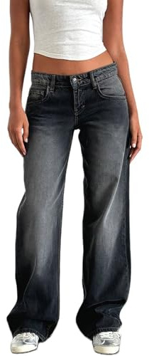 MASUCOR Jean Large pour Femme Pantalon en Denim Taille Basse Tendance avec Poches Baggy Streetwear Boyfriend Vintage à la Cheville (Grey, S)
