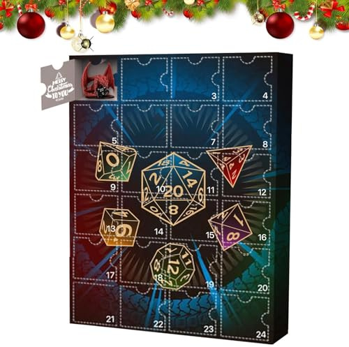 D-N-D Adventskalender | Würfelbox-Countdown-Kalender | Dungeons und Dragons Adventskalender | 24 Stück Würfel und Miniaturen Ornamente | 24 Tage Countdown bis Weihnachten, Sammelfiguren für Spielefans