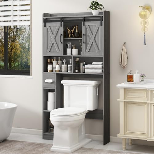 Farmhouse Over The Toilet Storage Cabinet with Sliding Door & Toilet Paper Holder Stand, Space-Saving for Bathroom & Restroom, Wash Grey