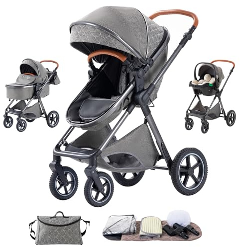 Shineey kinderwagen 3 in 1 Buggy Babybett Komplett Set Einem Klick Zusammenklappbarer Kinderwagen, 3 in 1 KombiKinderwagen Aluminiumrahmen für Neugeborene (H2-DEEPGREY, H2)