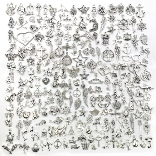 JSTHHTT 200pcs Charms Pendants for Jewellery Making, Mixed Silver Charms Set, Bracelet Necklace Earrings DIY Small Jewlery Accessories, for Necklaces, Bracelets, and Craft Projects