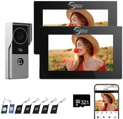 Interphone vidéo pour Appartement, détection de Mouvement, interphone visuel avec écran Tactile de 7 Pouces,Audio bidirectionnel,1080HD,supportant Le déverrouillage à distanc (1 Doorbell+2 Monitor)