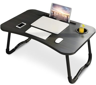Wintem - Tavolino da Letto Pieghevole Nero 60x40 cm con Porta Bicchiere e Supporto Tablet | Tavolino Salvaspazio per Colazione, Studio o Relax su Letto o Divano