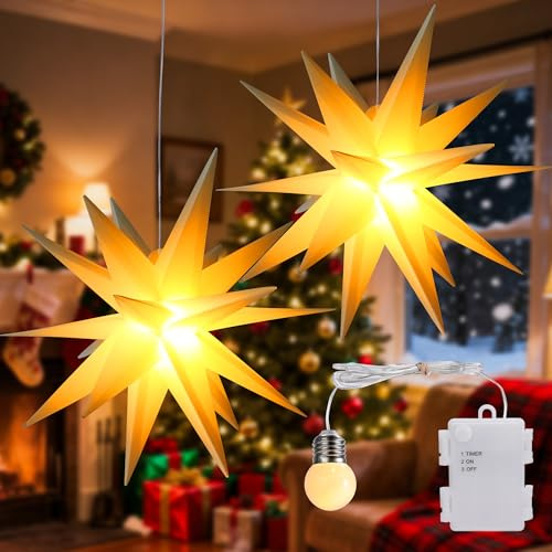iBaycon 45 cm Sterne Weihnachtsbeleuchtung Außen,2 Stück Warmweiß Batterie | Weihnachtsbeleuchtung Fenster Lichterkette mit Timer,LED Sterne Weihnachtsdeko Fenster für Garten Balkon Party