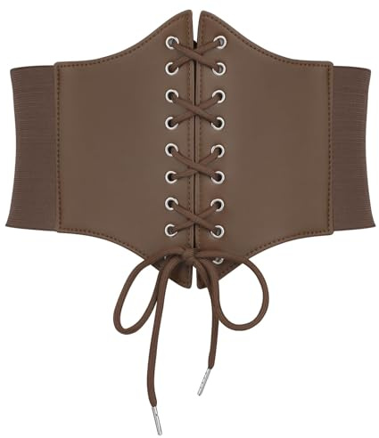 LEACOOLKEY Cintura Corsetto Elastica Larga Donna Vintage con Lacci Stile Waspie per Costumi e Abiti,Marrone Chiaro