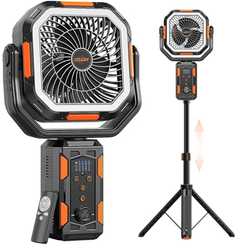 OGERY F21 Camping Fan with Stand, 20000mAh Rechargeable Battery Powered Standing Fan, LED Lanterns for Power Outages, Strong Wind, Fast Charging for Tent, Travel, Bedroom, Camping Essentials