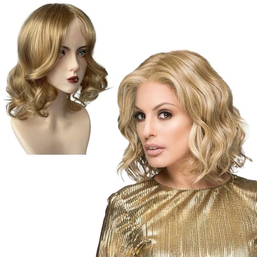 Parrucca Bionda per Donne,Ricci Parrucche Corta,Sintetico Resistente al Calore Fibra Capelli Shoulder per Uso Quotidiano Cosplay Festa Parrucche(Biondi)