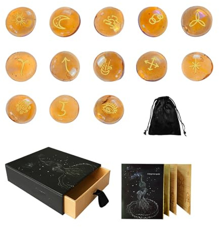 Conjunto de runas de brujas –13 piedras rúnicas con instrucciones y bolsillo | Runas de bruja decorativas | Herramientas de artesanía portátil para brujas -Adventure Witchs Ritual Adventure Magic