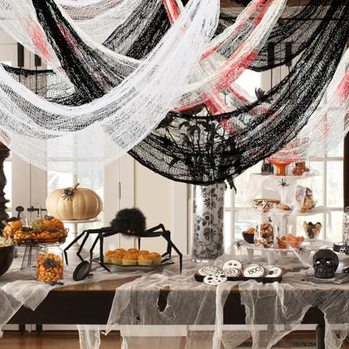SRIZIAN 8 Stück Halloween Gruselige Tuch, 30 x 72inch Halloween Deko Stoff Dekogewebe für Party Innen Außen Gruselhäuser Türen Dekoration, Schwarz, Weiß, Blut
