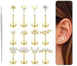 Milacolato 16G/18G/20G Helix Piercings Chirurgenstahl Nasenpiercing Stecker Gewindelose Einschieben Flat Piercing Ohr Gold Ohrringe Piercings Tragus Labret Rook Conch Lippenpiercing 8mm/16G