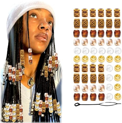 Auroriel 60 st bruna hårpärlor gradient loc tube pärlor 6 stilar guld och genomskinliga runda pärlor för flätor dreadlocks gör-det-själv hårtillbehör