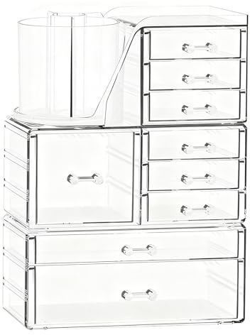 ShineMe Clear Makeup Organizer with 9 Drawers, 3 Tier Stackable Makeup Storage Organizer with Rotating Brush Holder, Acrylic Countertop Makeup Organizer for Vanity Skincare Jewelry Hair Accessories