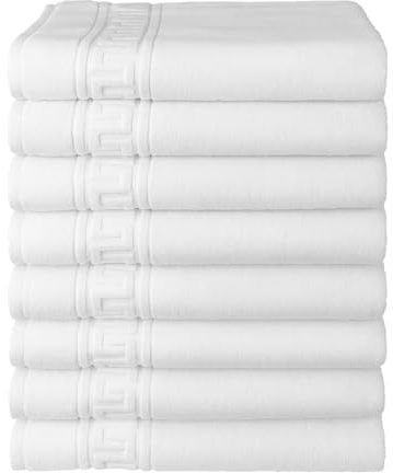 MOPAREL Set 12 Toallas Hotel. 100% Algodón 450g/m². 6 Toallas Lavabo (50x100cm) + 6 Toallas Ducha (70x140cm). Blancas Rizo Convencional. Diseño Greca.