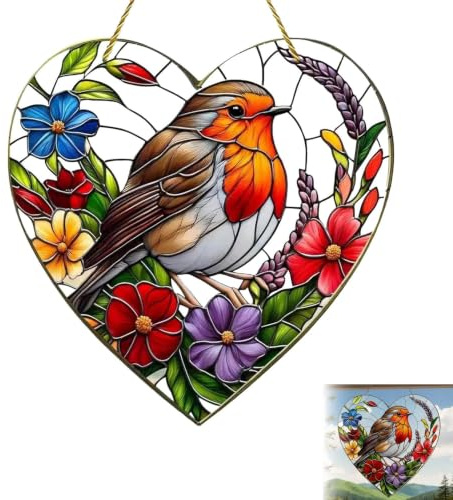 Heart Robin Window Sun Catcher, Acrylic Hanging Ornament, 20 x 20 cm | Stained Style Bird Pattern, Colourful Daylight Effect, Indoor and Outdoor Display, Gift for Nature Lovers