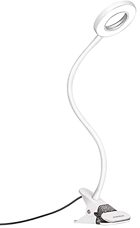 EYOCEAN Lampada da Lettura Libro Letto con Pinza, 3 Colore 9 Luminosità Regolabile, 360° Flessibile, Dimmerabile, USB LED Lampada, per Scrivania/Tavolo/Trucco/Tattoo, Adattatore Incluso 8W (Bianco)