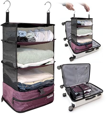 Grand Fusion Husgeråd Stow-N-Go Bagage- och reseorganisatör, nödvändiga resetillbehör, hängande packkuber med hängande hyllor och tvättförvaringsfack, vinröd