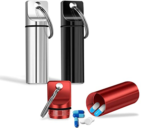 Grevosea 3 pezzi portapillole portatili, impermeabile, portachiavi Piccolo porta pillole medicine Mini, in Alluminio per Viaggi, Campeggio, Pesca-6*1.7cm