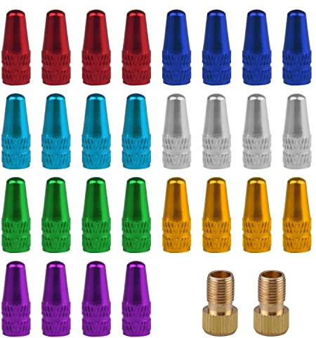 Pack of 28 Colour Valve Covers, Bicycle Accessories, Valve Plugin, Tyre Valve Covers, Aluminium Dust Covers, with 2 Converting Head Adapters, Used for Most Bikes