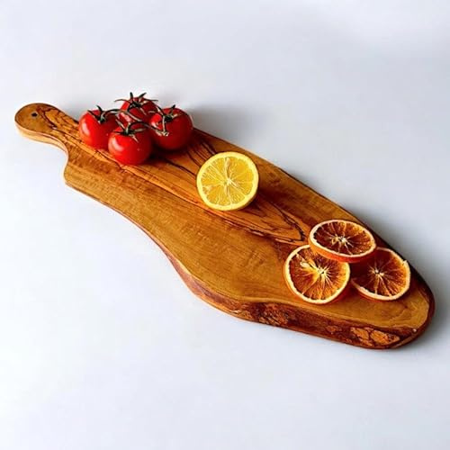Tagliere rustico in legno di ulivo fatto a mano con manico, 40 cm, in legno naturale, tagliere e tagliere per cucina, durevole ed ecologico (40 cm)