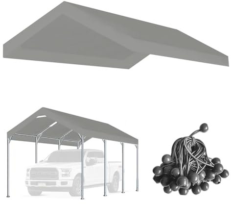 Vanteriam 12'x20' Upgraded Carport Replacement Top Canopy Cover for Car Garage Shelter Tent Party Tent with Ball Bungees Grey (Only Top Cover, Frame is not Included)
