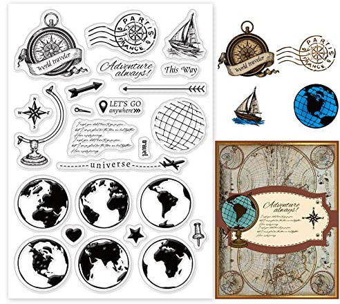 PandaHall - Sellos transparentes de viaje, brújula de barco, avión, sellos de goma de silicona transparente, sellos de plástico PVC para manualidades, álbumes de recortes, álbumes de fotos decorativos