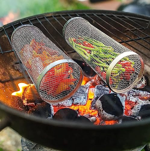 BBQ Grill Basket - BBQ Rolling Grill Basket for Outdoor Grilling, Round Stainless Steel BBQ Grill Mesh, BBQ Basket for Grilling Meat, Vegetables, Chips, Fish - Multipurpose BBQ accessories,30CM