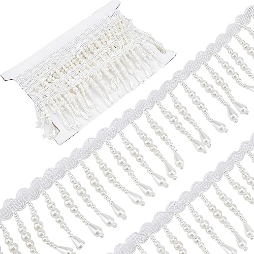 GORGECRAFT 2 Yard Perlen-Spitzenbesatz Bänder Vintage-Stil Perlenbesatz Stoffanhänger Quasten Fransen Für Kleidungsstücke Bestickte Applikation Nähen Basteln Hochzeit Brautkleid Kleidung Dekoration