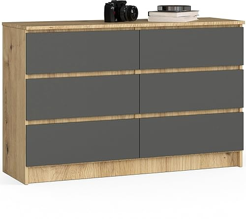AKORD Kommode K-120 mit 6 (2 x 3) Schubladen | für das Wohnzimmer Schlafzimmer Schrank Büro Arbeitszimmer | Modernes Funktionales Design | B120 x H77 x T40 cm, Gewicht 43kg | Handwerkliche Eiche