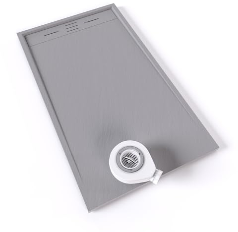 Moments of Glass Plato de ducha SMC Hiemal 140x80 cm, Gris RAL 7030 – Antiderrapante, Textura Pizarra, Antibacteriano, Resistente a agentes químicos – Incluye válvula y rejilla