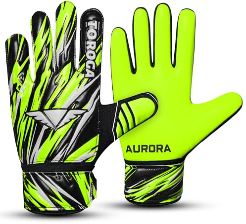 TOROGA Fotboll, målvaktshandskar, fotboll målvaktshandskar för barn pojkar barn ungdomar målvakt med 4 mm latex supergrepp finger ryggradsskydd halkskydd handflata (fluorescerande gul, 2, tvåfärgad)