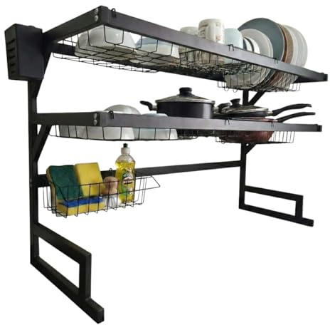 MAKA Scolapiatti da Appoggio Nero, 65 o 85 cm, Portabicchieri, Porta Tagliere, Organizer Cucina, Scolapiatti da Lavello in Metallo, Scolapiatti da Appoggio Sopra Lavello (2 Ripiani - 85 cm)